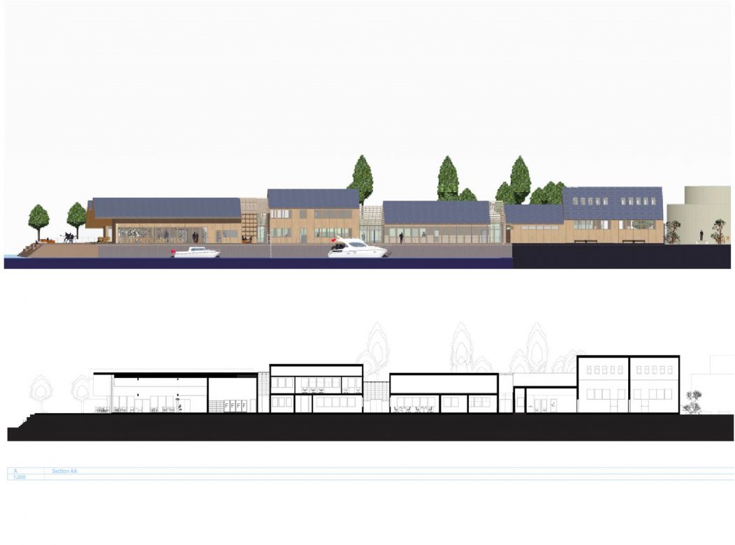 1:200 Elevation viewed through section A (site plan) / from north to south.