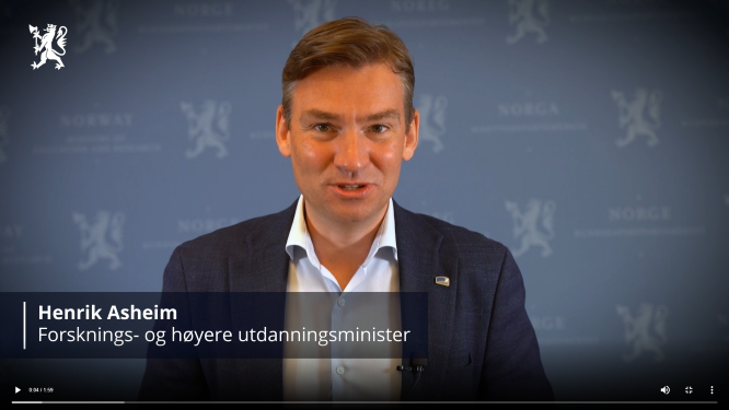 Videohelsing frå forskings- og høgare utdanningsminister Henrik Asheim til studentar på BAS!