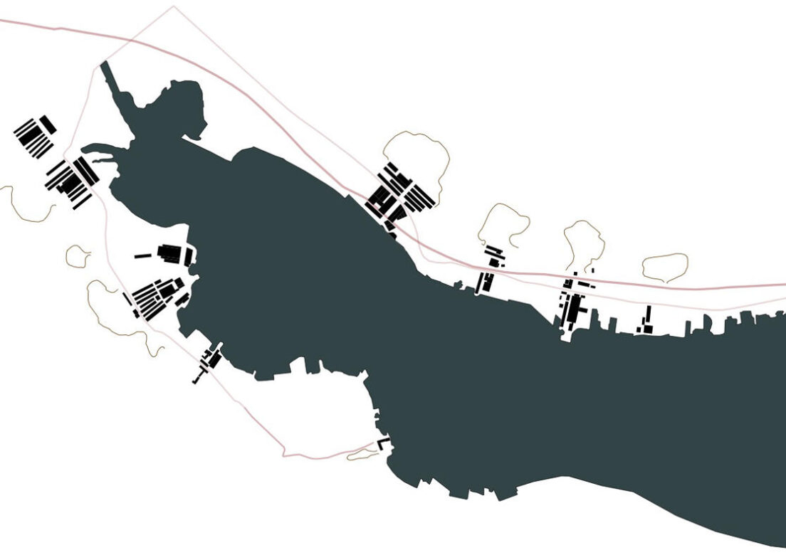 Kartlegging av leire-relaterte industribygg langs vågen i sandnes år 1899.
