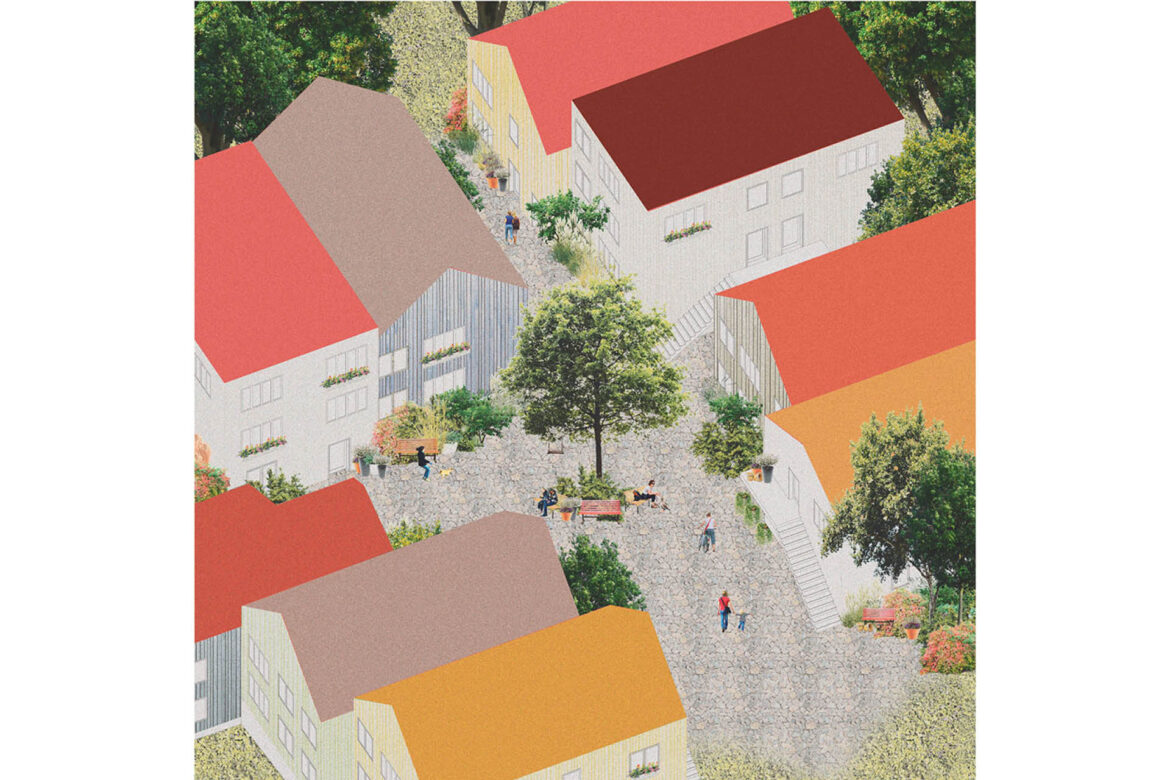 Illustration of outdoor space betweeen proposed low-rise high-density dwellings.