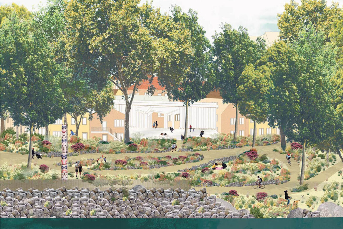 Perspective view of the aquarium as a public pavilion, zoomed in from the shore.