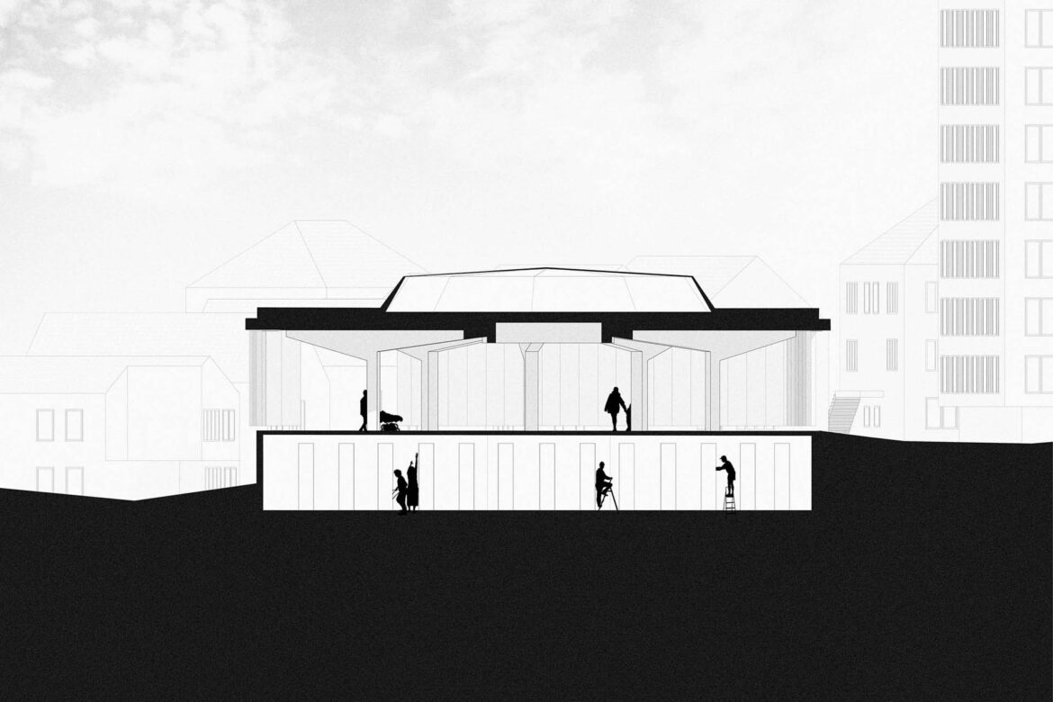 Section through the transformed aquarium building to a library of things and public pavilion.