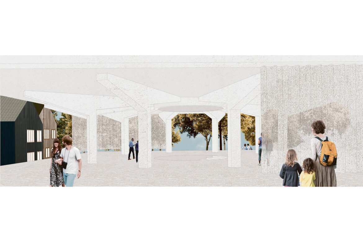 Illustration of the transformed aquarium building to a library of things and public pavilion