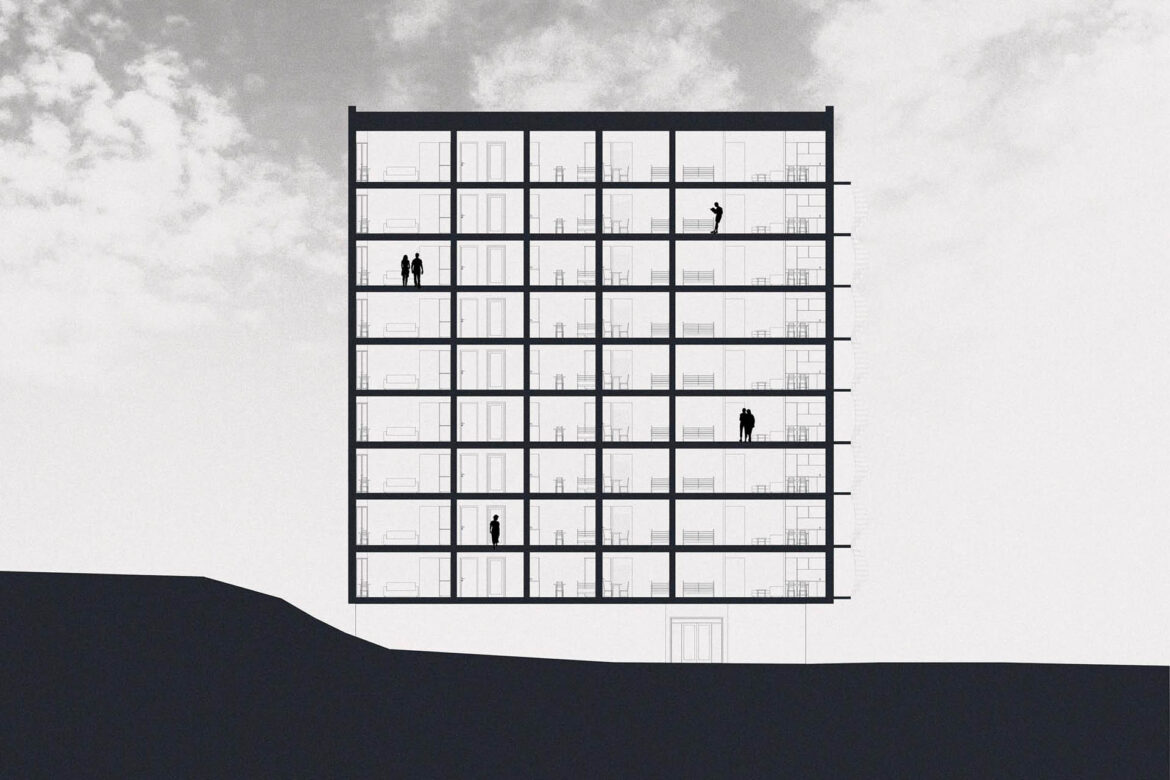 Section through the high-rise building after transformation to apartments.