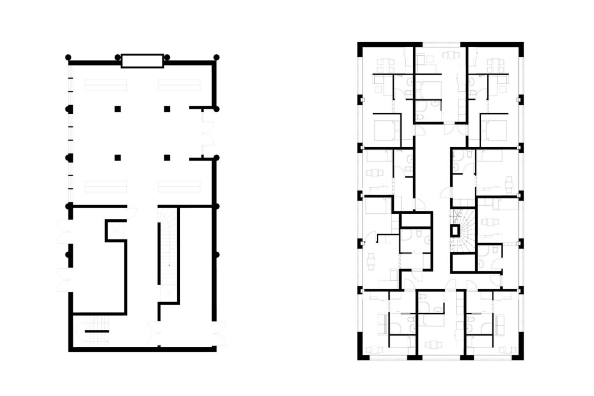 Plans of the high-rise building after transformation to apartments.