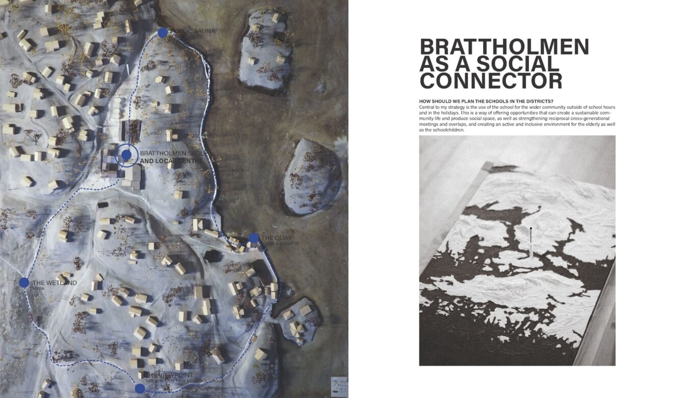 The site was Brattholmen, at Litle Sotra, and the proposal takes on a large neighbourhood scale to try to give new meaning to the school by linking to existing paths and new ones. This to connect to already important places of the neighbourhood.