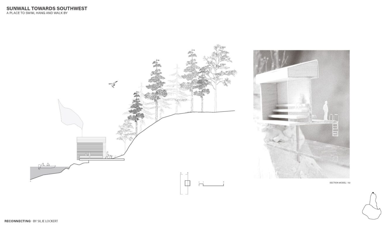 At one of the sites, which today only has a turningspace for your car I imagine a social space hidden behind the hill, where the neighbourhood loop leads too and gives a warm sauna all year around open to the people of Brattholmen.