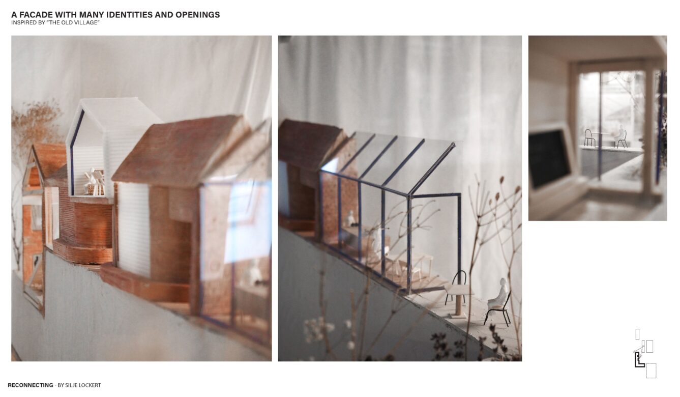 Bratikken stretches on to the top platza where the library, foaje, school nurse/neighbourhood nurse and canteen can be. This was reimaged as the old village, creating different identities to the long wall.