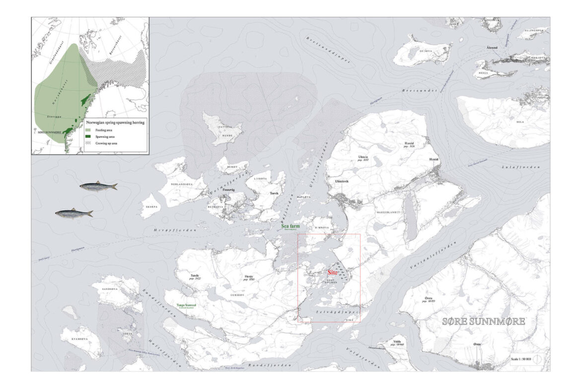 Map of Søre Sunnmøre, a district at the west coast of Norway with long traditions of living by and off the sea. Scale 1:50 000