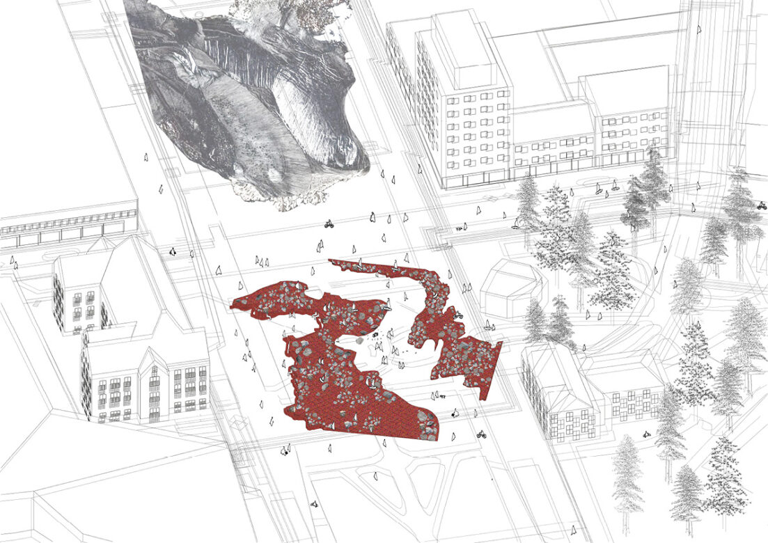 Rebuilding the topography of Malmberget that will disappear into a public space in the center of Gällivare. Casted in ferrock, the demolished material is forever present. We can’t run from it.